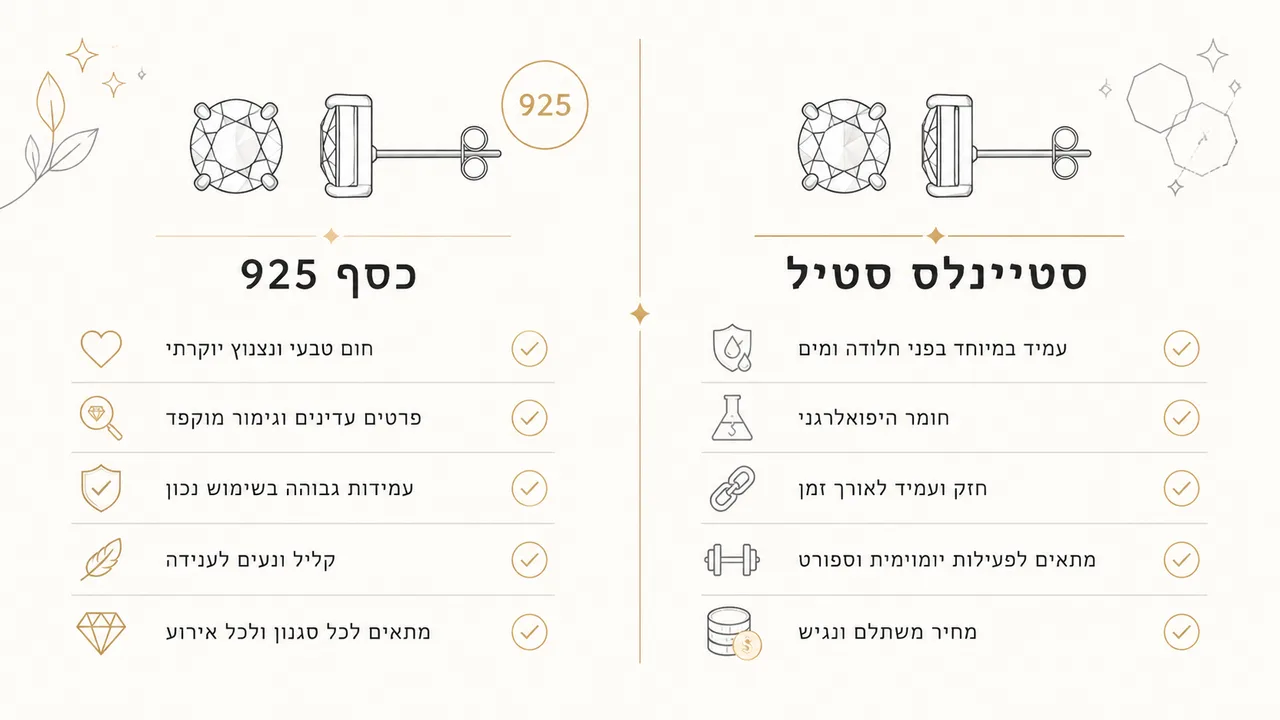 מה ההבדל בין כסף 925 לסטיינלס סטיל בעגילים?